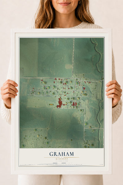 Map of Graham, Missouri, 18 x 24 inch print in a white wood frame