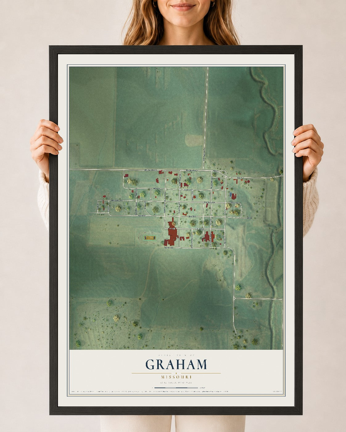Map of Graham, Missouri, 24 x 36 inch print in a black wood frame