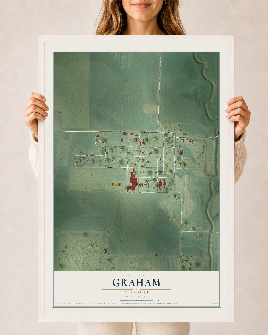 Map of Graham, Missouri, 24 x 36 inch print in a white wood frame