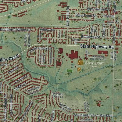 Close-up of the map of Grain Valley, Missouri print showing street and building detail