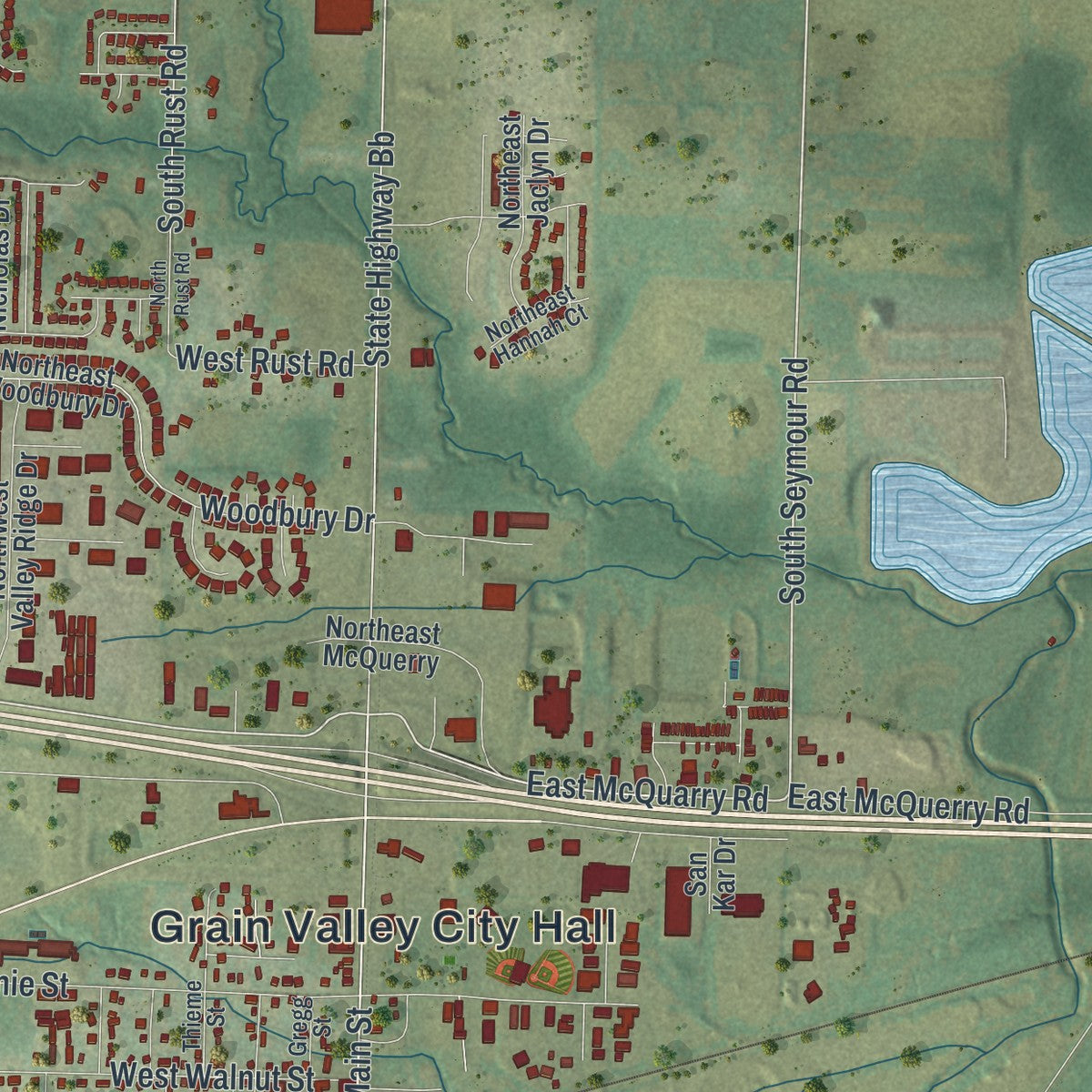 Second close-up of the map of Grain Valley, Missouri print showing more streets and buildings