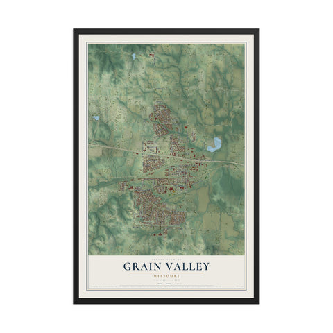 Map of Grain Valley, Missouri, 12 x 18 inch print in a black wood frame
