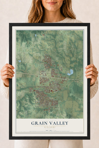 Map of Grain Valley, Missouri, 18 x 24 inch print in a black wood frame