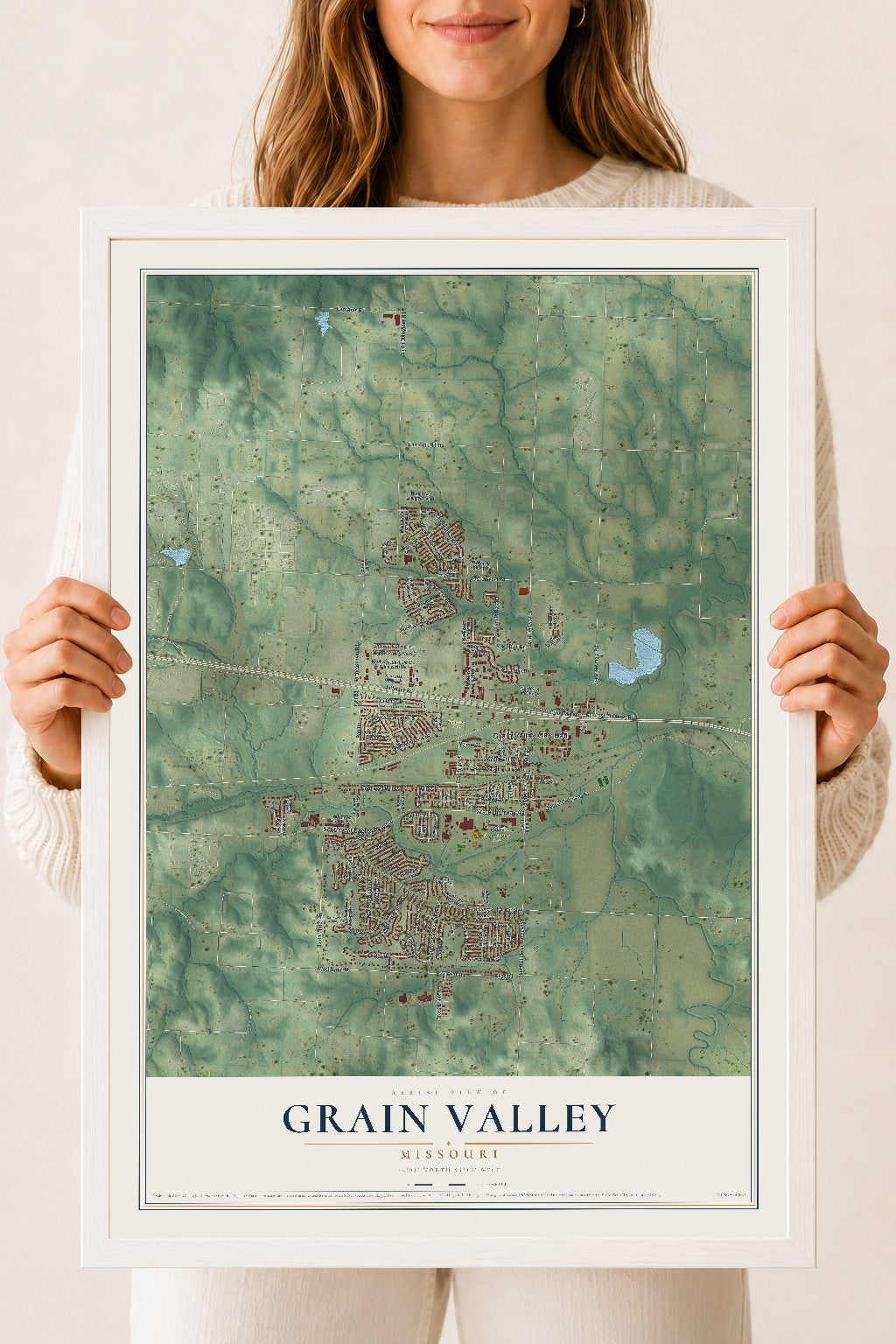 Map of Grain Valley, Missouri, 18 x 24 inch print in a white wood frame