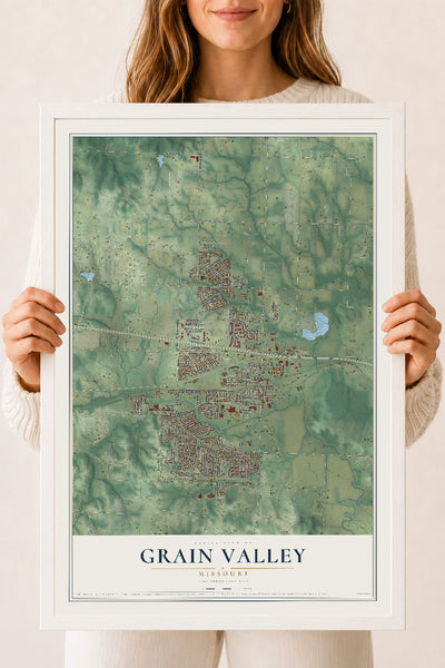 Map of Grain Valley, Missouri, 18 x 24 inch print in a white wood frame