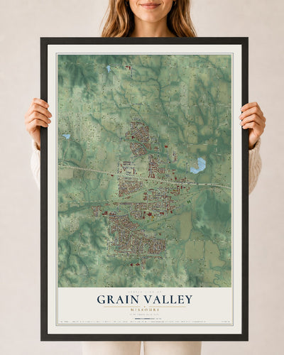 Map of Grain Valley, Missouri, 24 x 36 inch print in a black wood frame