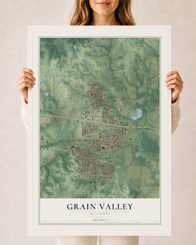 Map of Grain Valley, Missouri, 24 x 36 inch print in a white wood frame