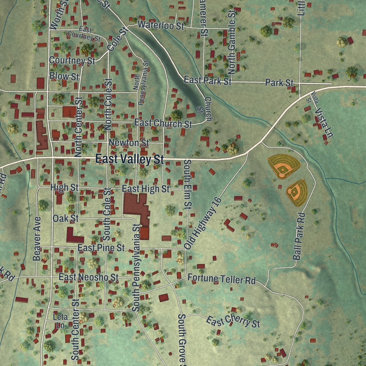 Close-up of the map of Granby, Missouri print showing street and building detail