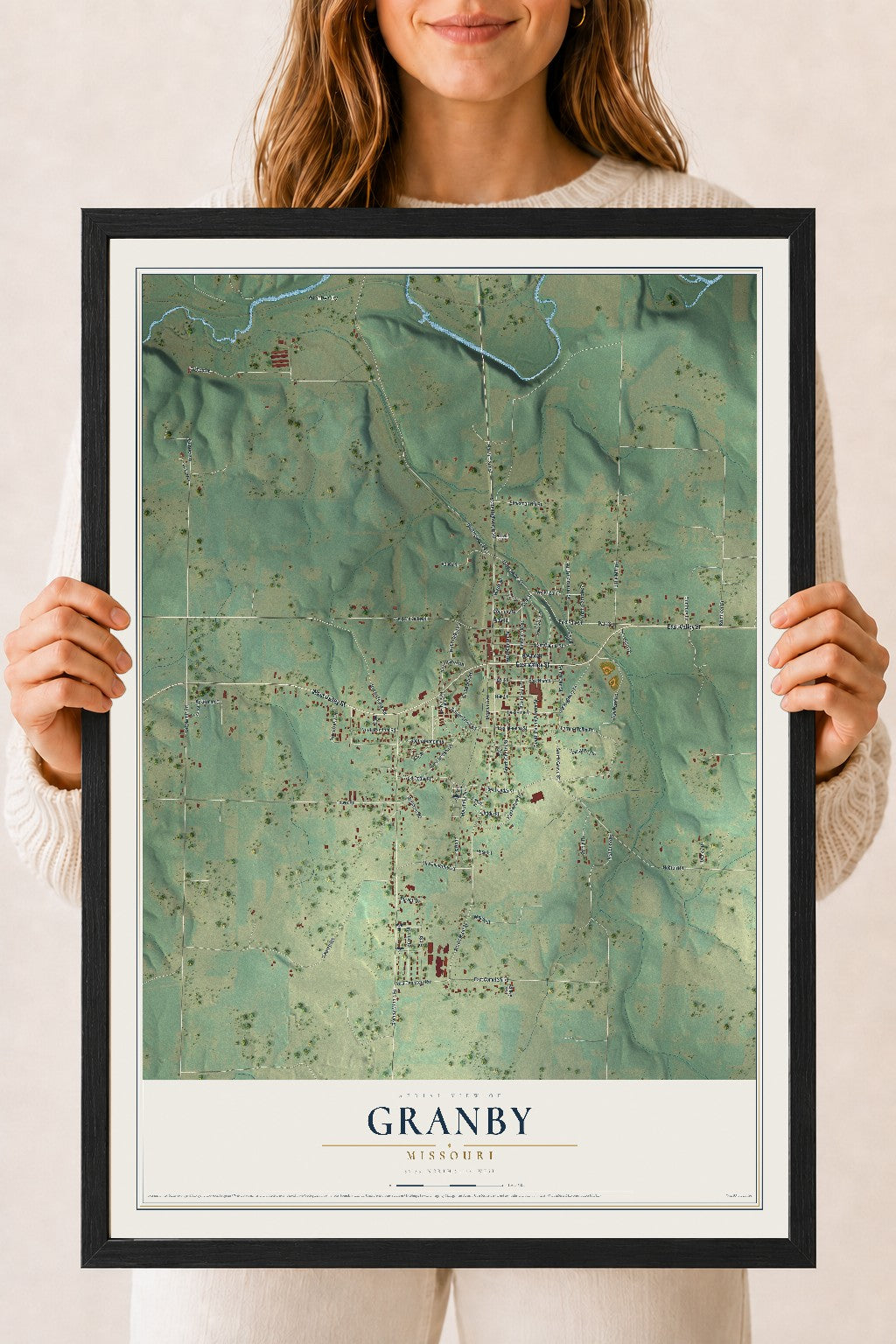 Map of Granby, Missouri, 18 x 24 inch print in a black wood frame