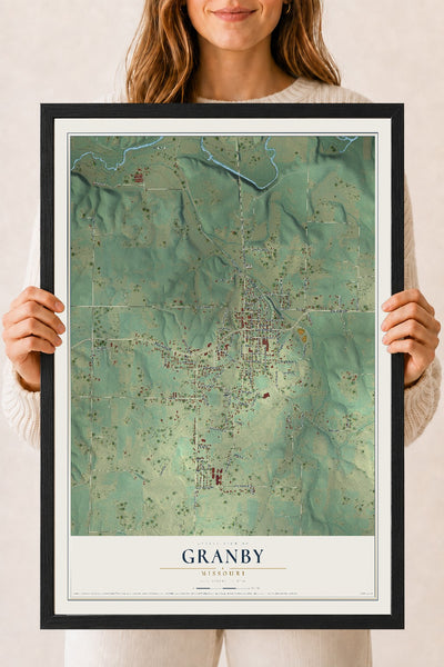 Map of Granby, Missouri, 18 x 24 inch print in a black wood frame