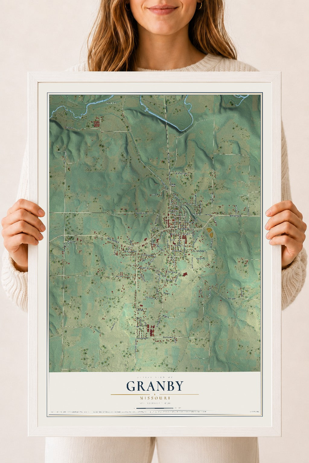 Map of Granby, Missouri, 18 x 24 inch print in a white wood frame