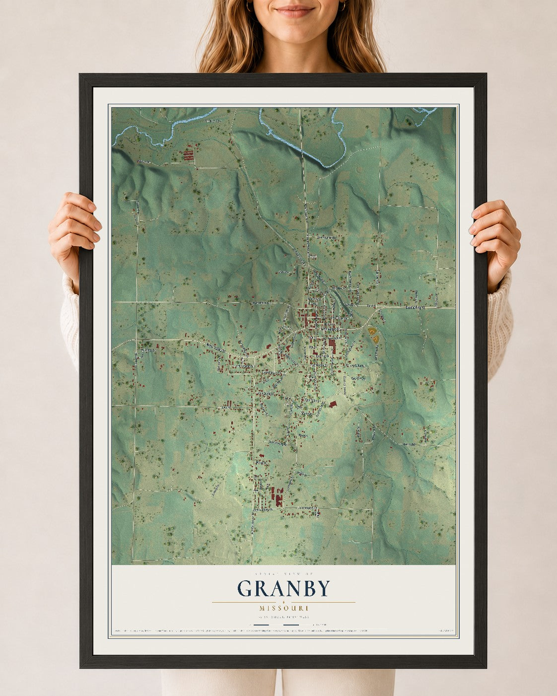 Map of Granby, Missouri, 24 x 36 inch print in a black wood frame