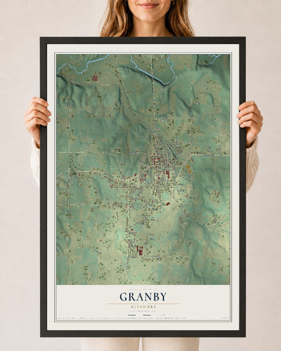 Map of Granby, Missouri, 24 x 36 inch print in a black wood frame