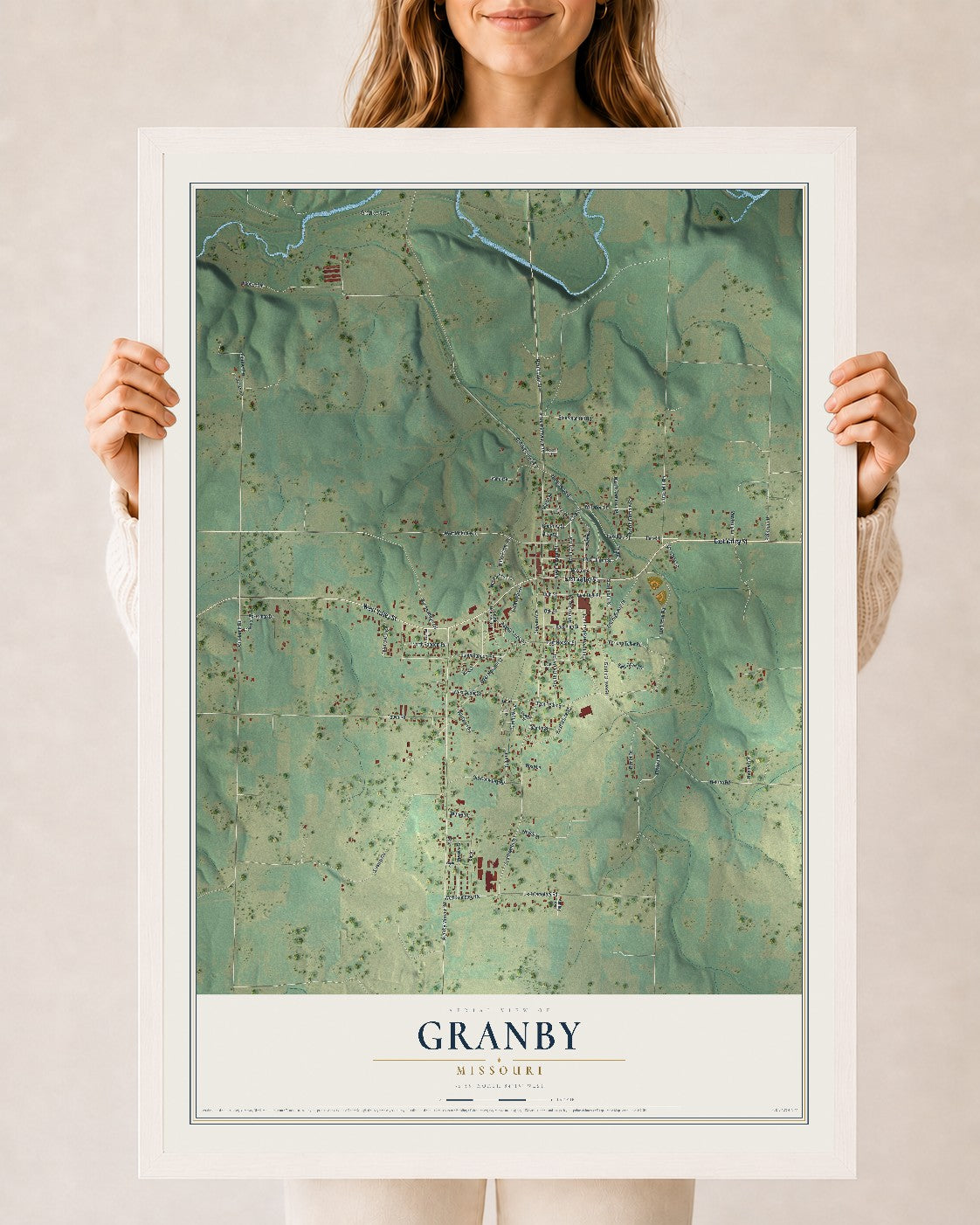Map of Granby, Missouri, 24 x 36 inch print in a white wood frame