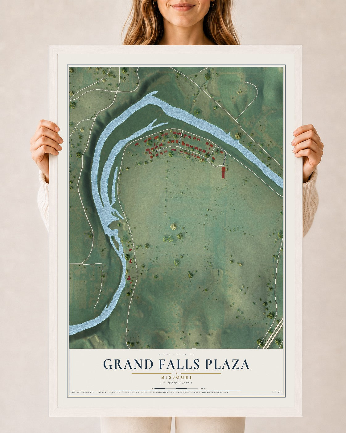 Map of Grand Falls Plaza, Missouri, 24 x 36 inch print in a white wood frame