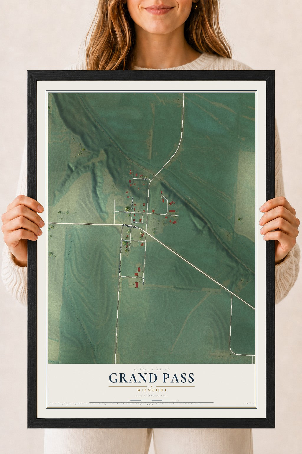 Map of Grand Pass, Missouri, 18 x 24 inch print in a black wood frame