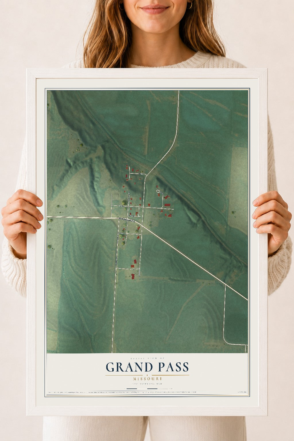 Map of Grand Pass, Missouri, 18 x 24 inch print in a white wood frame