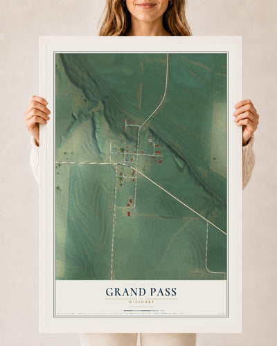 Map of Grand Pass, Missouri, 24 x 36 inch print in a white wood frame