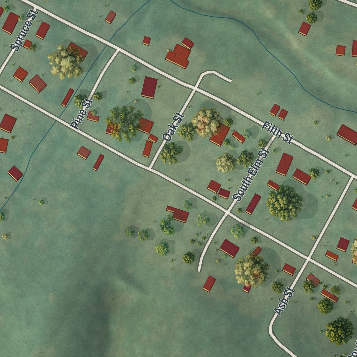 Second close-up of the map of Grandin, Missouri print showing more streets and buildings