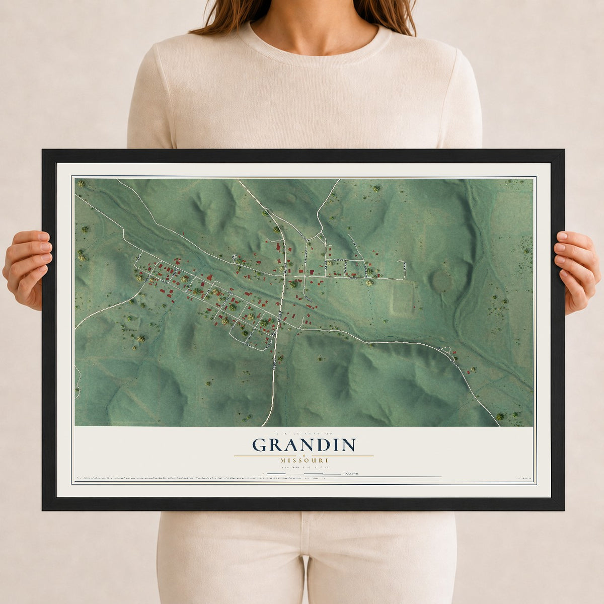 Map of Grandin, Missouri, 12 x 18 inch print in a black wood frame