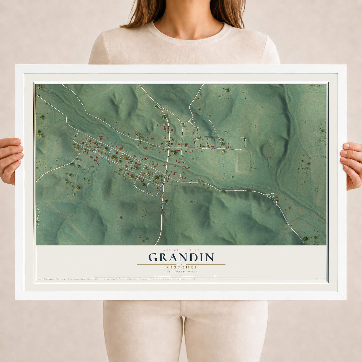 Map of Grandin, Missouri, 18 x 24 inch print in a white wood frame