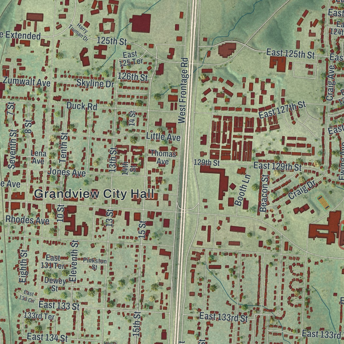 Close-up of the map of Grandview, Missouri print showing street and building detail