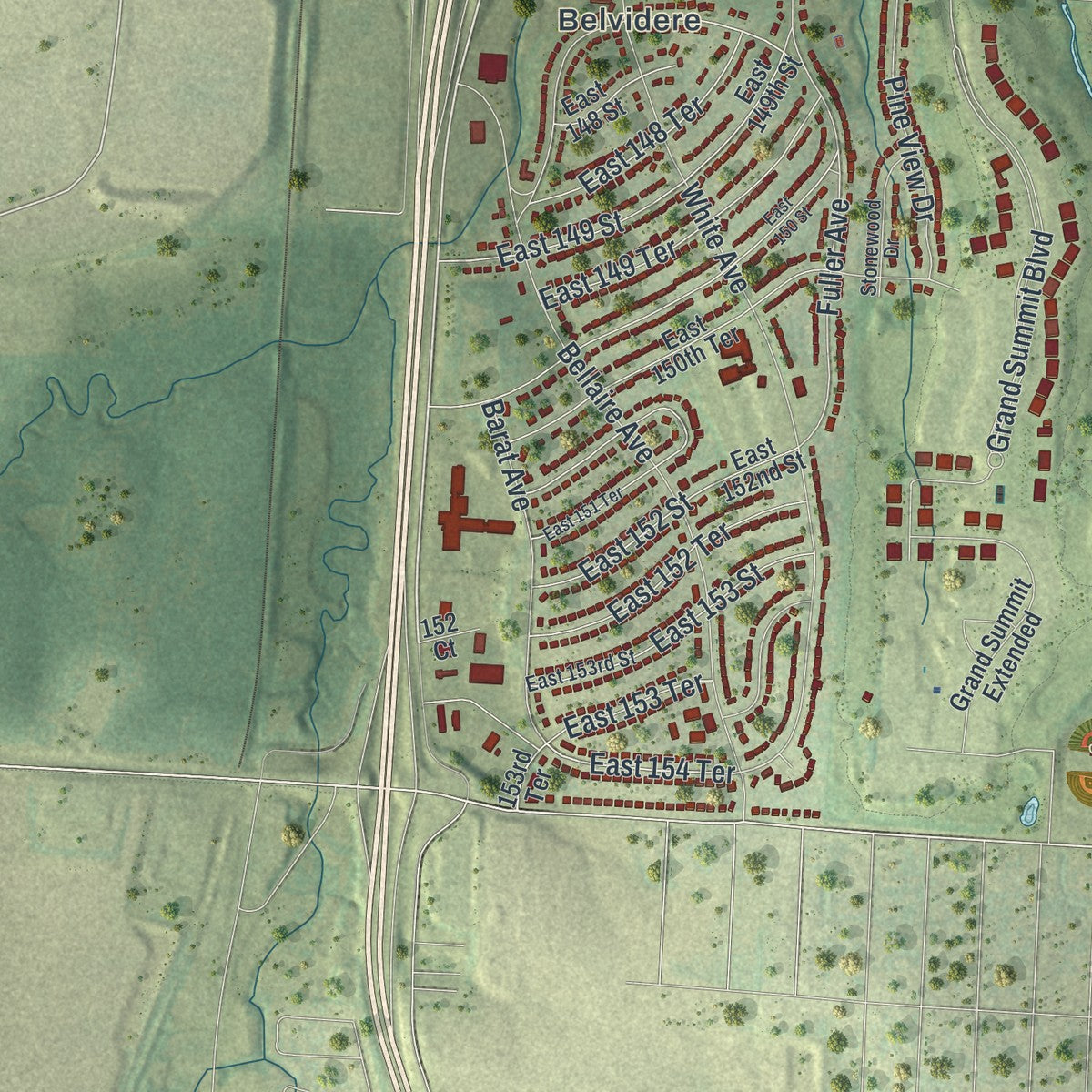 Second close-up of the map of Grandview, Missouri print showing more streets and buildings