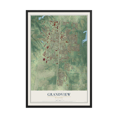 Map of Grandview, Missouri, 12 x 18 inch print in a black wood frame