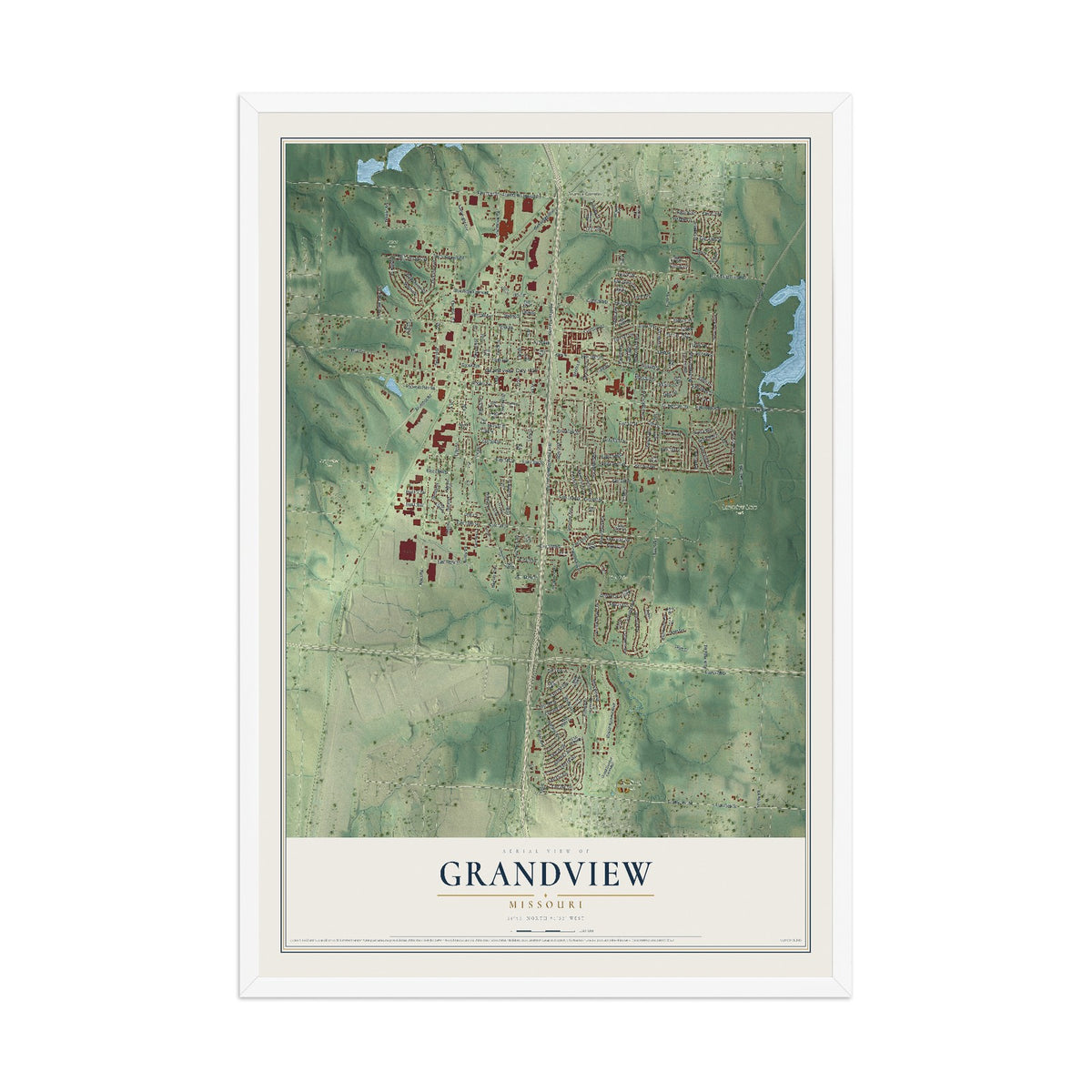 Map of Grandview, Missouri, 12 x 18 inch print in a white wood frame