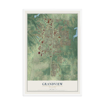 Map of Grandview, Missouri, 12 x 18 inch print in a white wood frame