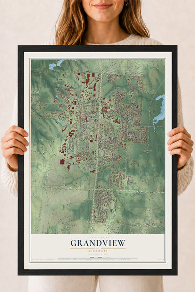 Map of Grandview, Missouri, 18 x 24 inch print in a black wood frame