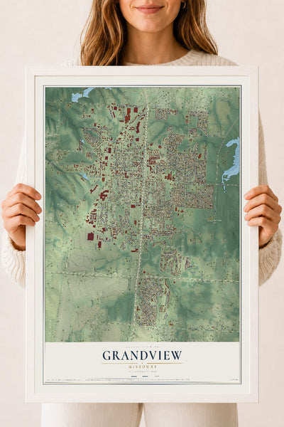 Map of Grandview, Missouri, 18 x 24 inch print in a white wood frame