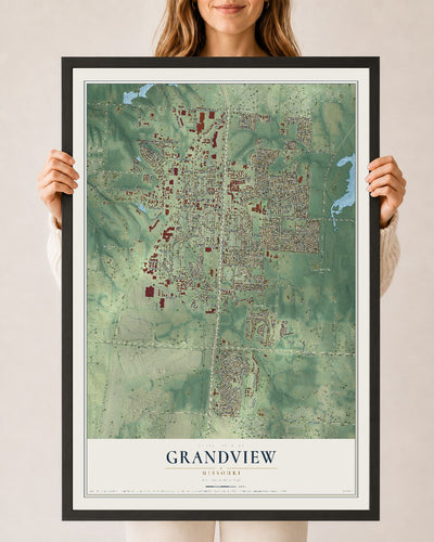 Map of Grandview, Missouri, 24 x 36 inch print in a black wood frame
