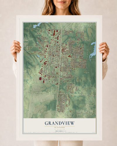 Map of Grandview, Missouri, 24 x 36 inch print in a white wood frame