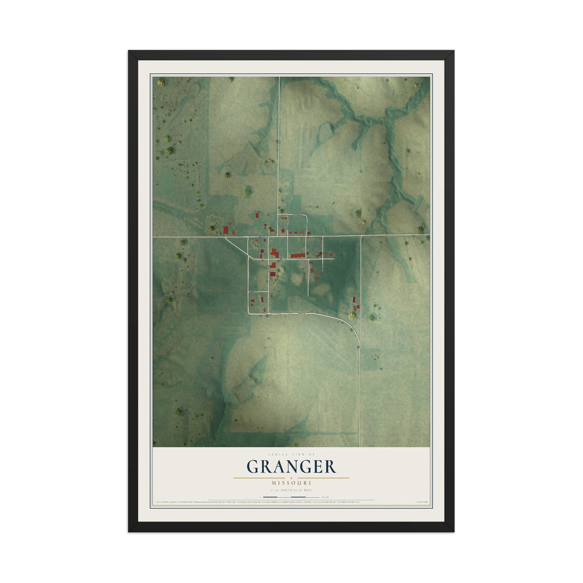 Map of Granger, Missouri, 12 x 18 inch print in a black wood frame