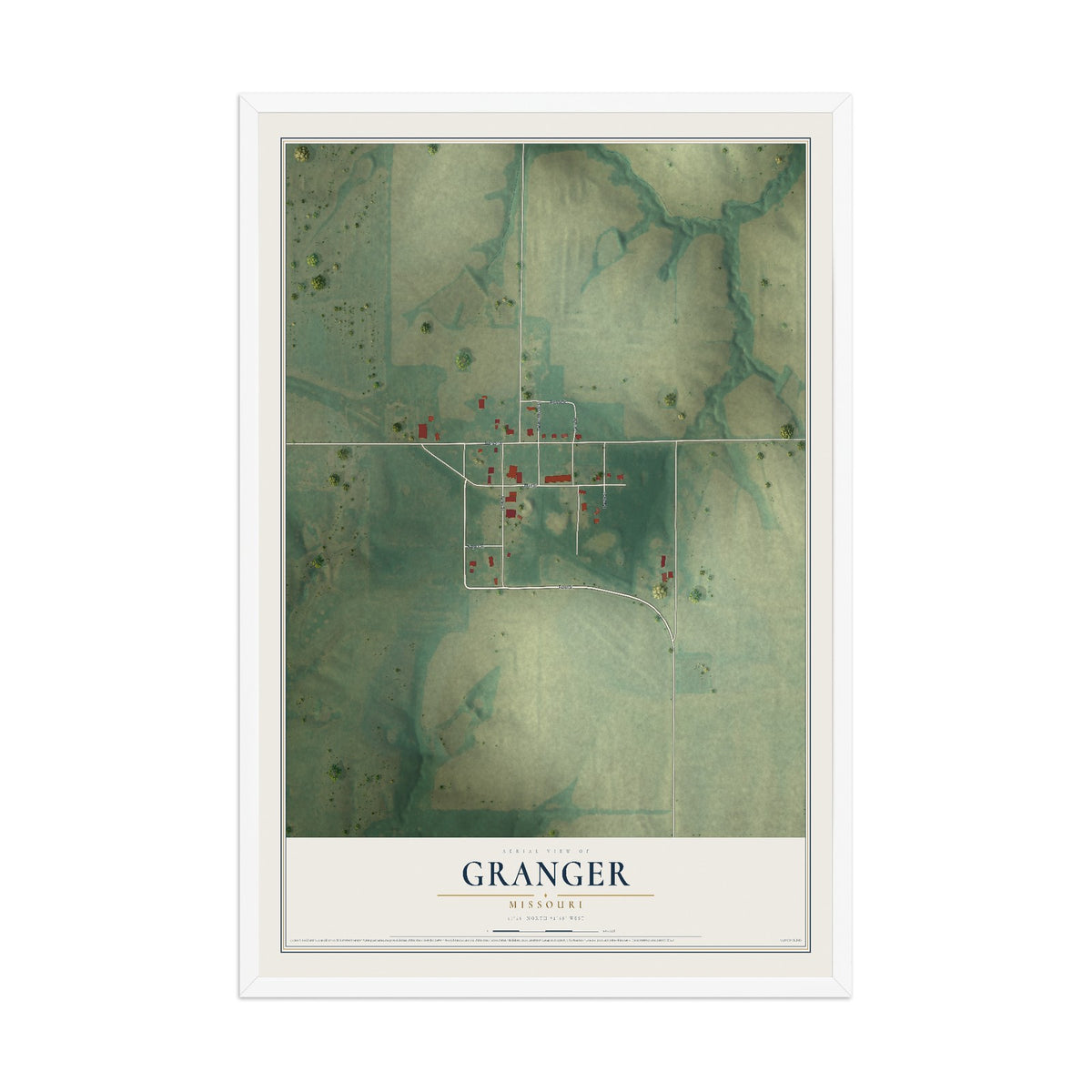 Map of Granger, Missouri, 12 x 18 inch print in a white wood frame