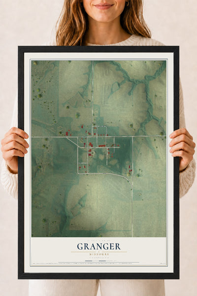 Map of Granger, Missouri, 18 x 24 inch print in a black wood frame