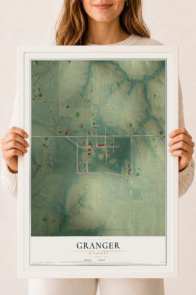 Map of Granger, Missouri, 18 x 24 inch print in a white wood frame