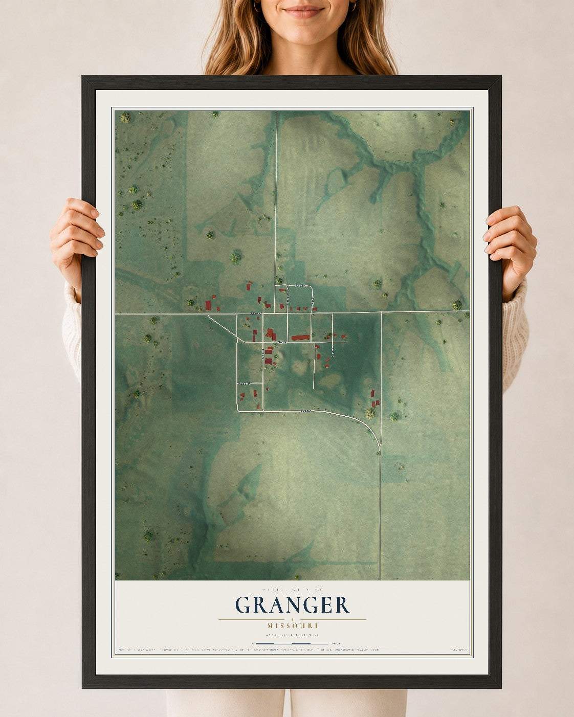 Map of Granger, Missouri, 24 x 36 inch print in a black wood frame