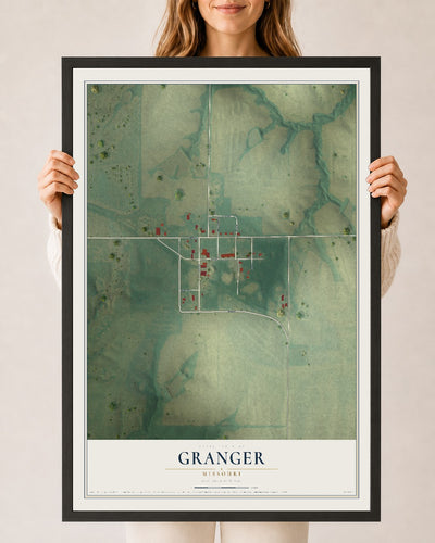 Map of Granger, Missouri, 24 x 36 inch print in a black wood frame