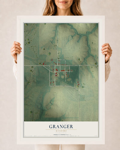 Map of Granger, Missouri, 24 x 36 inch print in a white wood frame