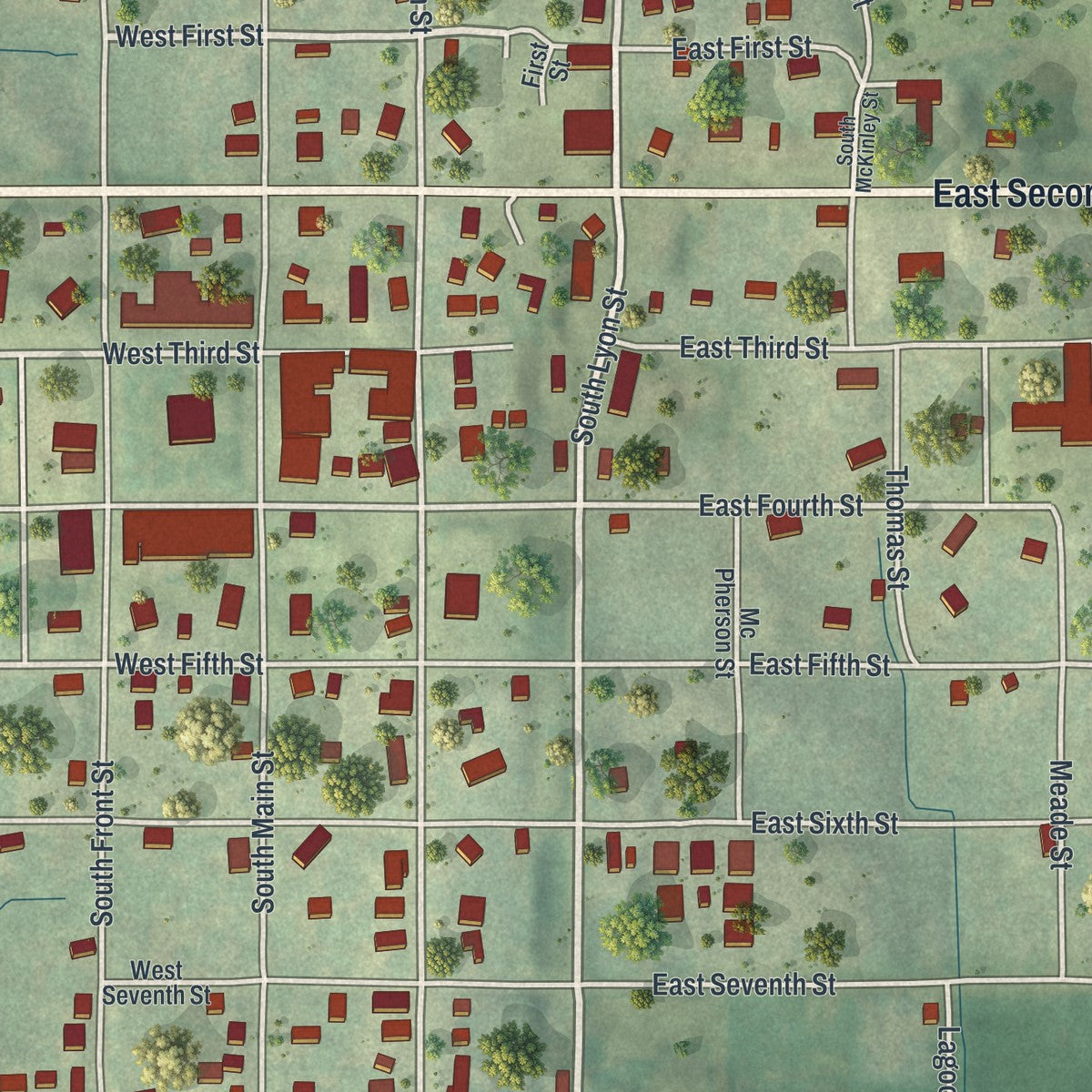 Close-up of the map of Grant City, Missouri print showing street and building detail