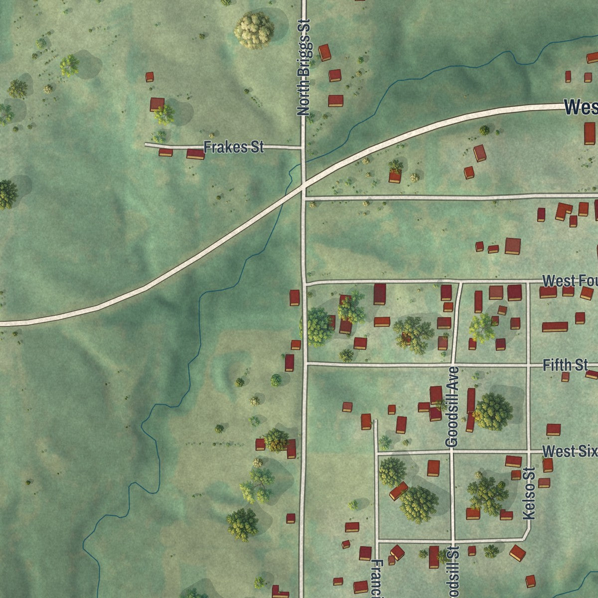 Second close-up of the map of Grant City, Missouri print showing more streets and buildings