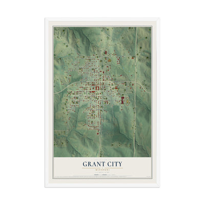 Map of Grant City, Missouri, 12 x 18 inch print in a white wood frame