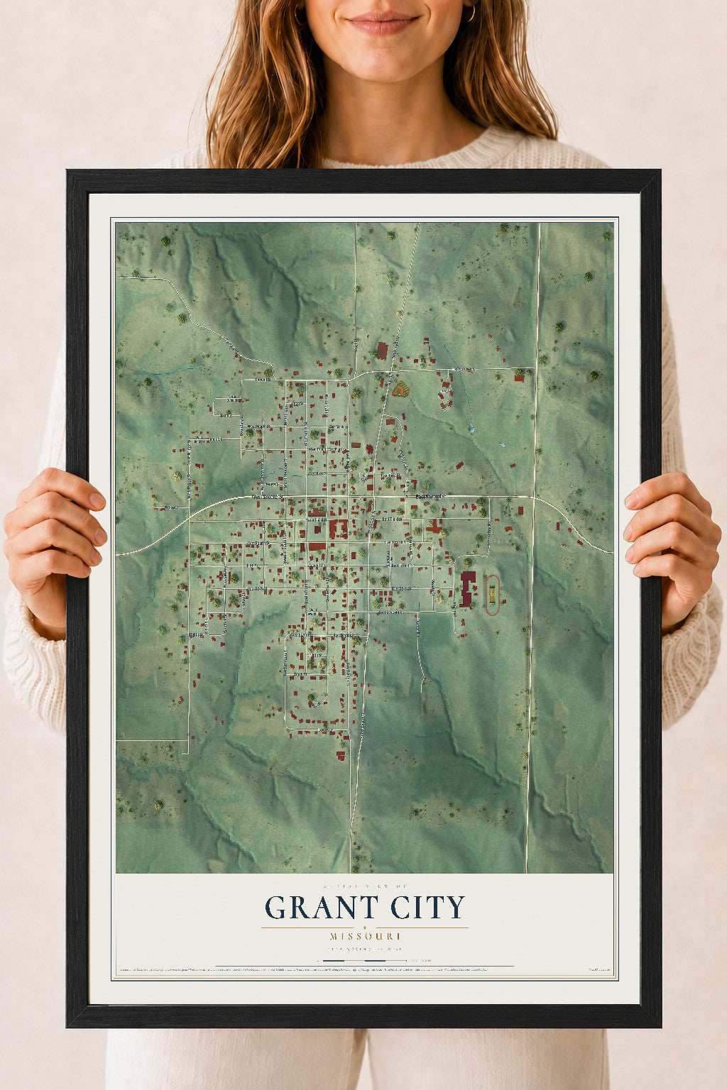 Map of Grant City, Missouri, 18 x 24 inch print in a black wood frame