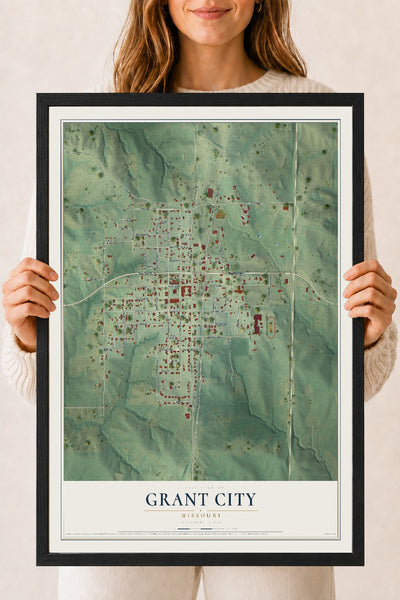 Map of Grant City, Missouri, 18 x 24 inch print in a black wood frame