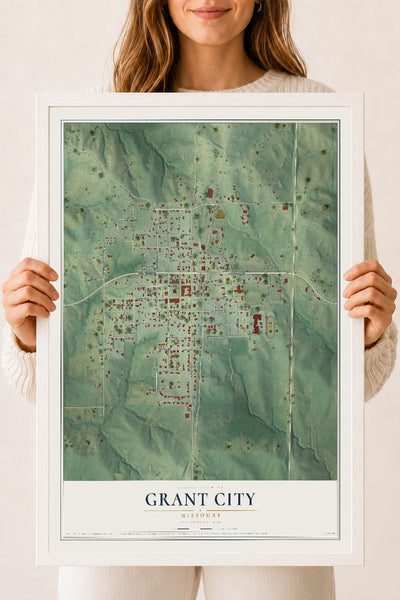 Map of Grant City, Missouri, 18 x 24 inch print in a white wood frame