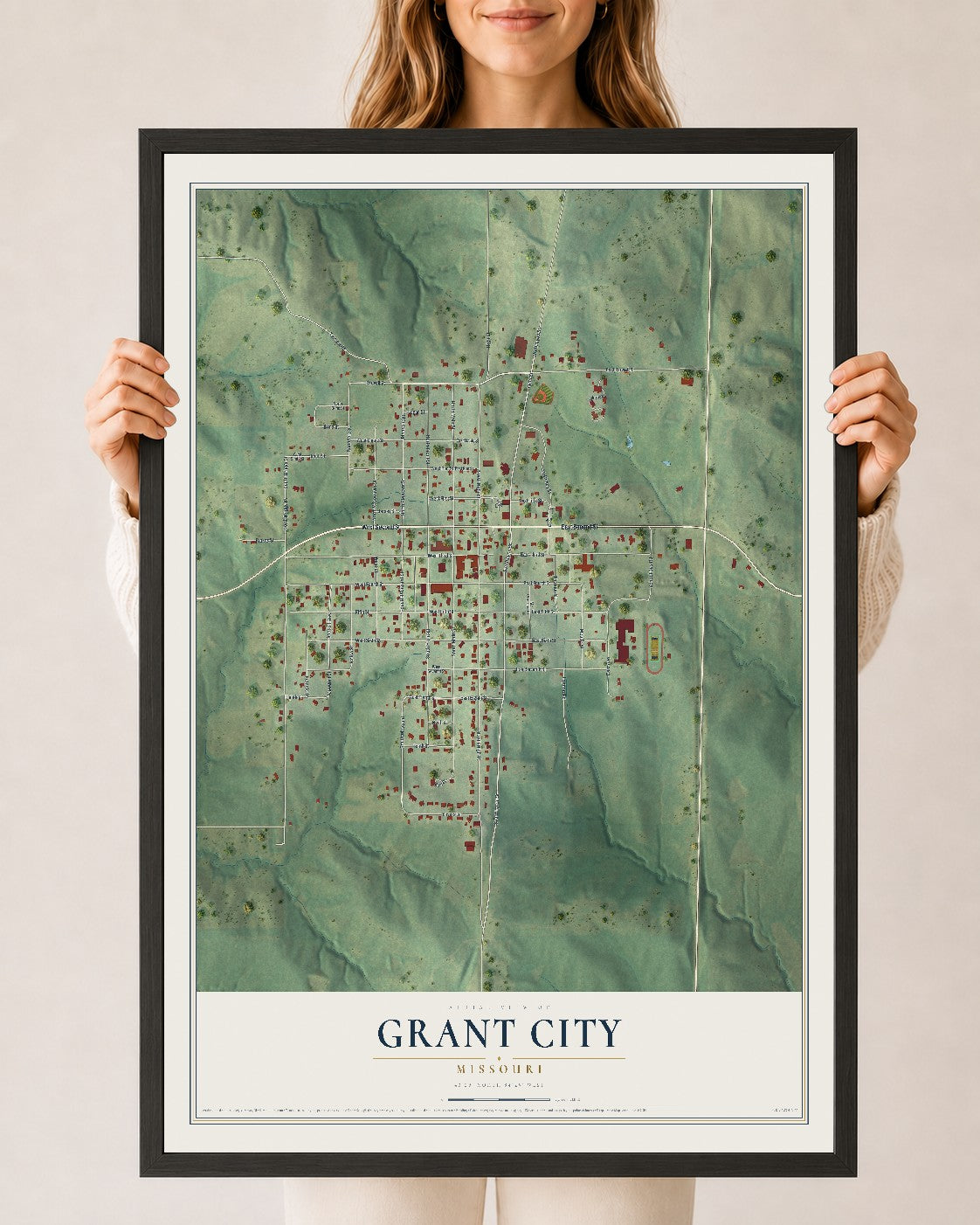 Map of Grant City, Missouri, 24 x 36 inch print in a black wood frame