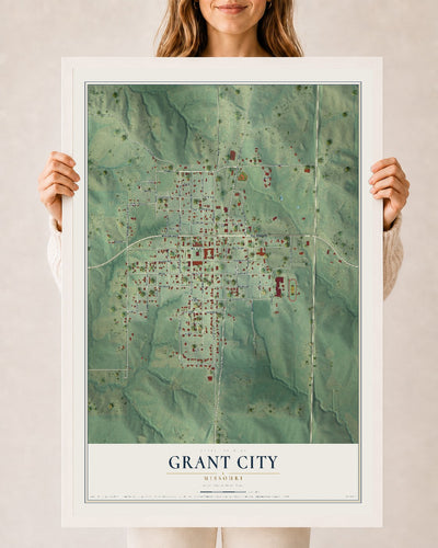 Map of Grant City, Missouri, 24 x 36 inch print in a white wood frame