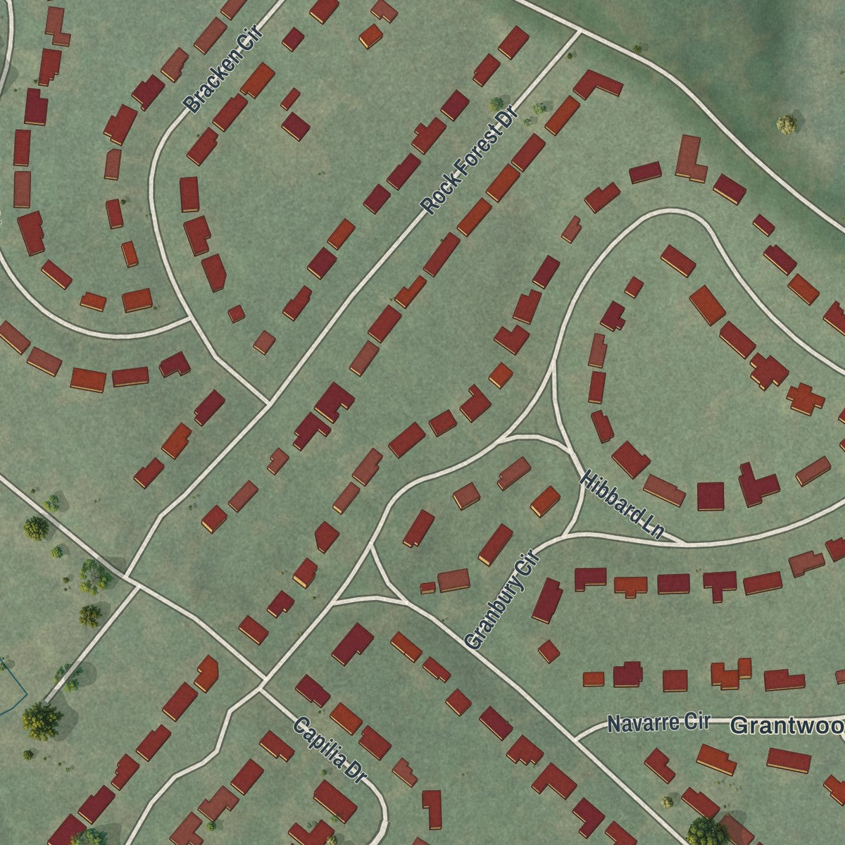Close-up of the map of Grantwood Village, Missouri print showing street and building detail
